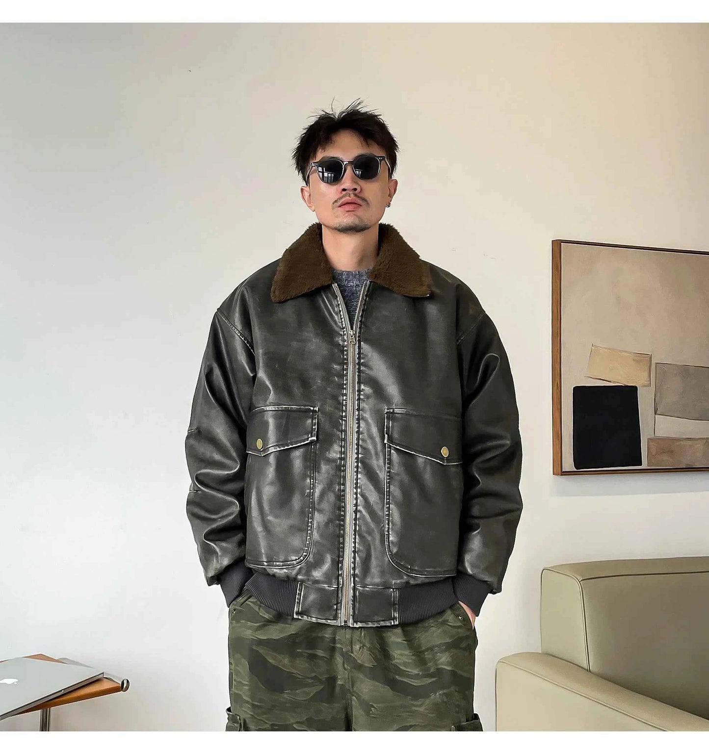 Streetwear Thicken Padded Leather Fur Jacket