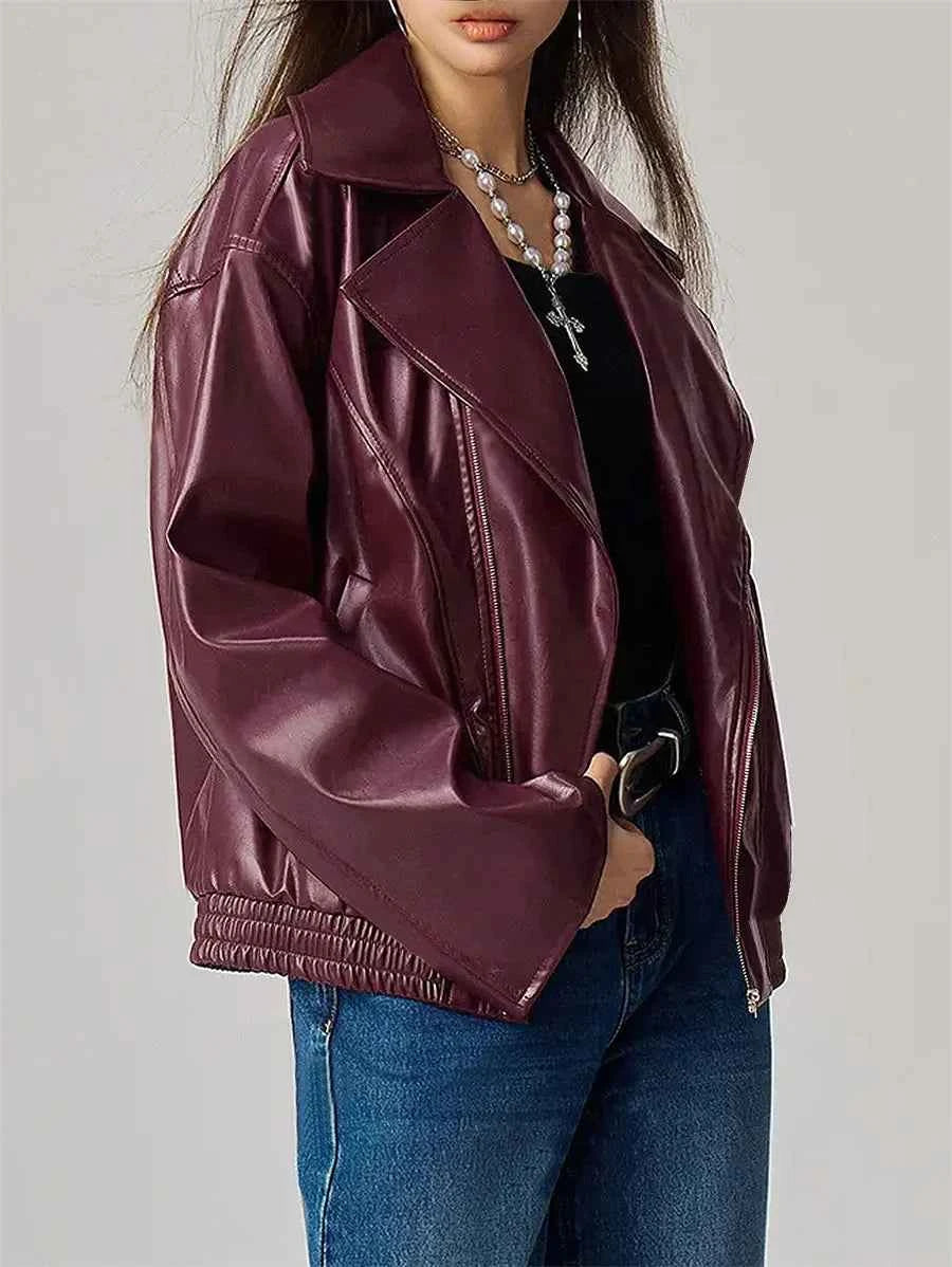 Burgundy Stylish Faux Zip-Up Leather Jacket