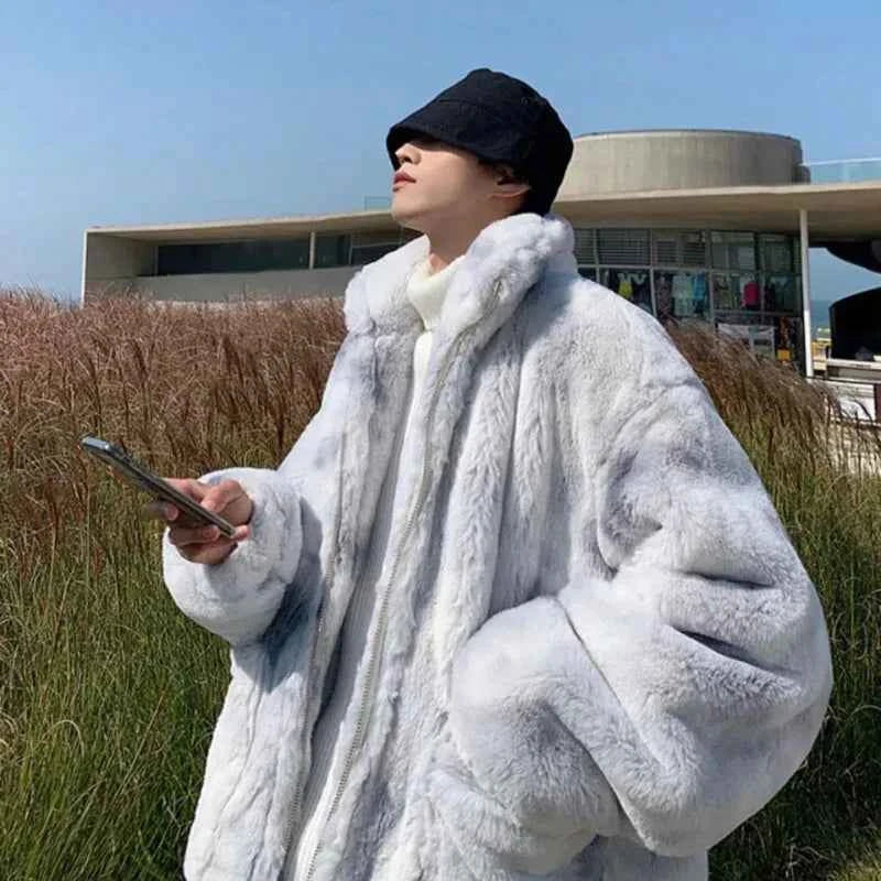 Warm Stand Collar Solid Wool Zipper Faux Fur Jacket
