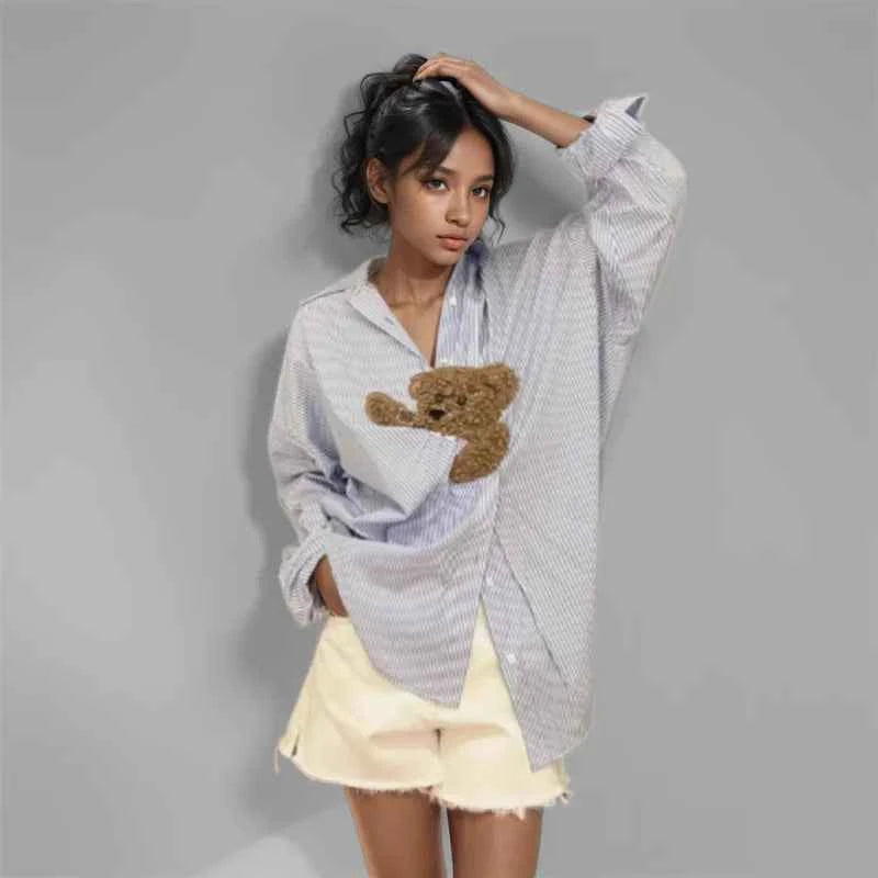 Women Stylish Cartoon Striped Loose Lapel Shirt
