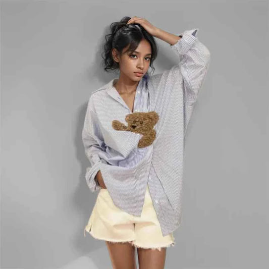 Women Stylish Cartoon Striped Loose Lapel Shirt