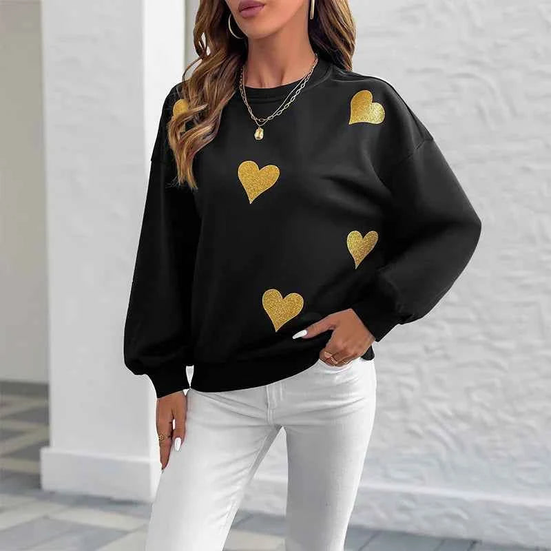 Women Cozy Heart Print Loose Sweatshirt