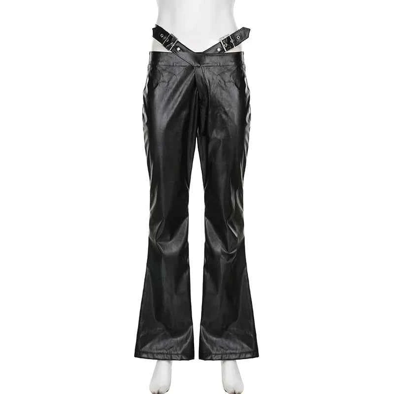 Gothic High Waist Metal Belt Leather Pants
