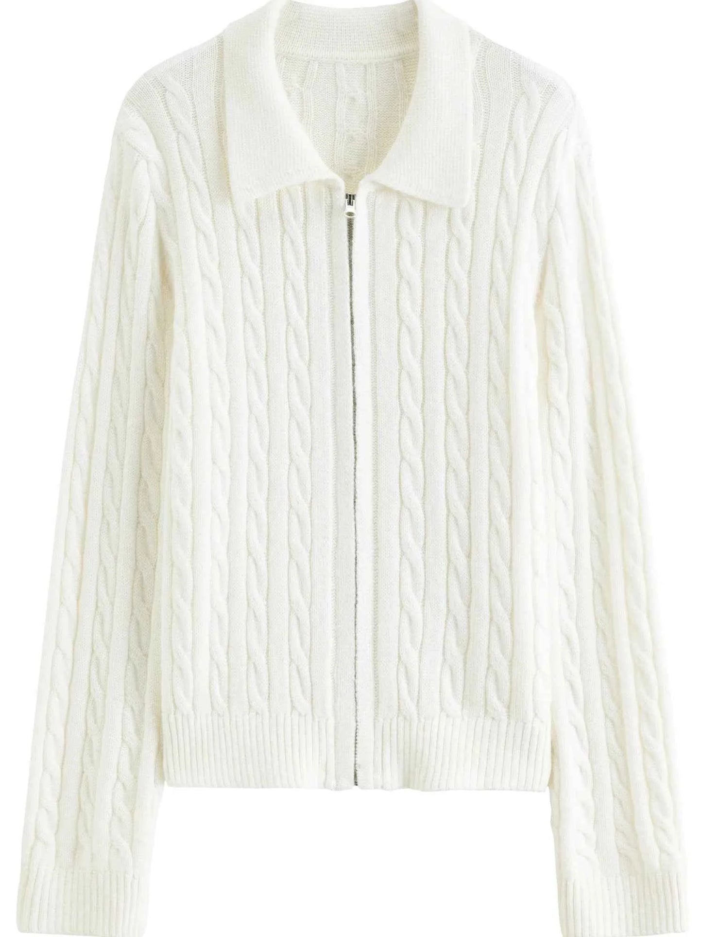 Soft Waxy Knitted Turn-Down Collar Zipper Cardigan