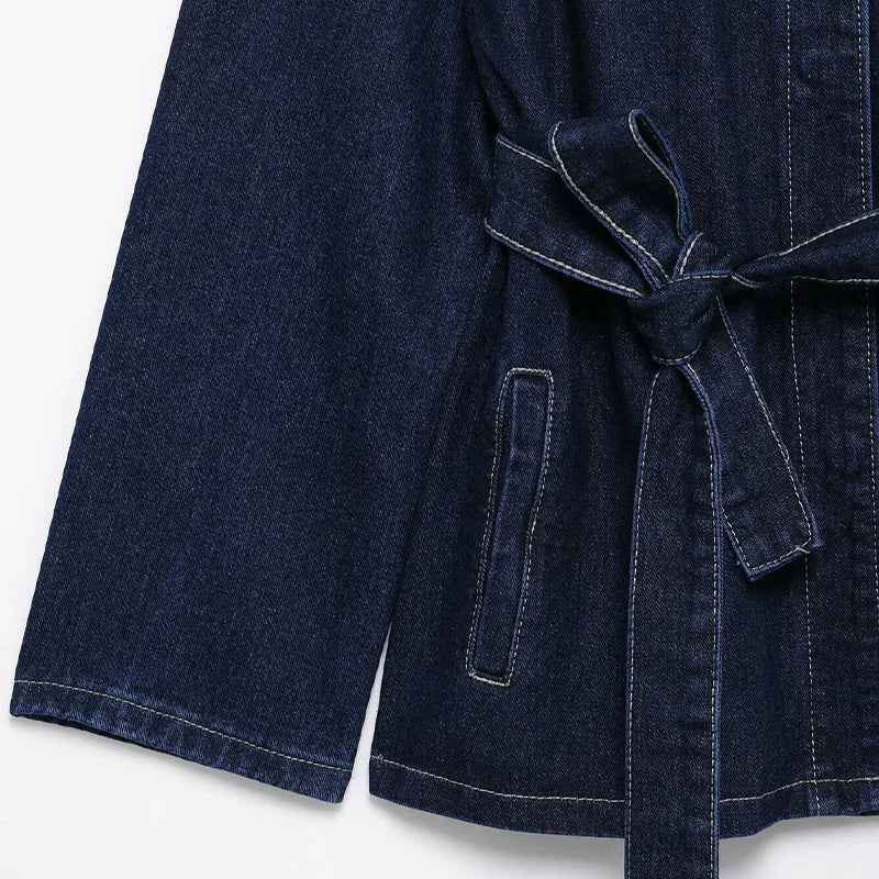 Everyday Essential Lapel Neck With Belt Denim Jacket