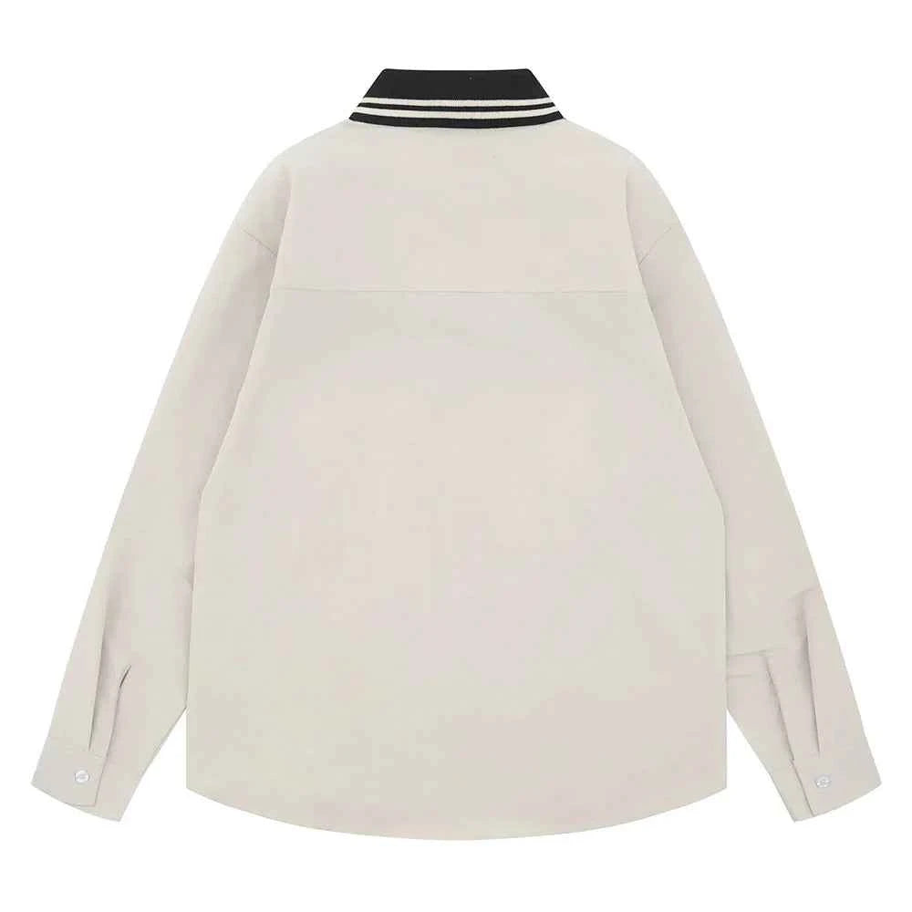 Chic Letter Embroidery Contrast Paneled Long Sleeve Shirt