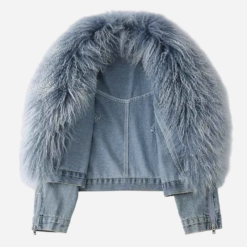 Stylish Mongolian Faux Fur Collar Denim Jacket