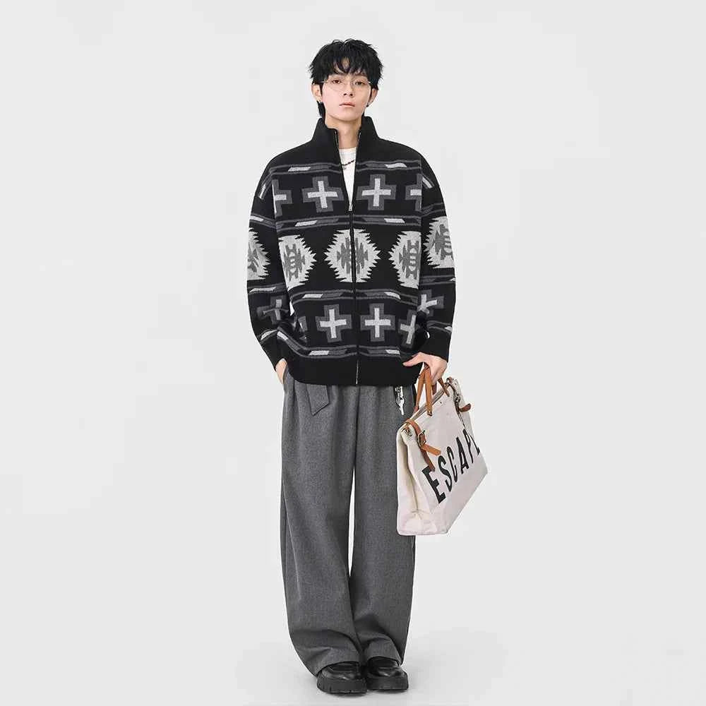 Geometric Pattern Casual Full Zip Cardigan