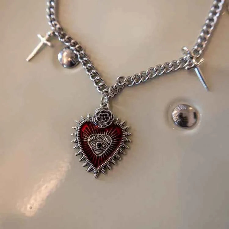 Gothic Peach Heart Cross Pendant Necklace