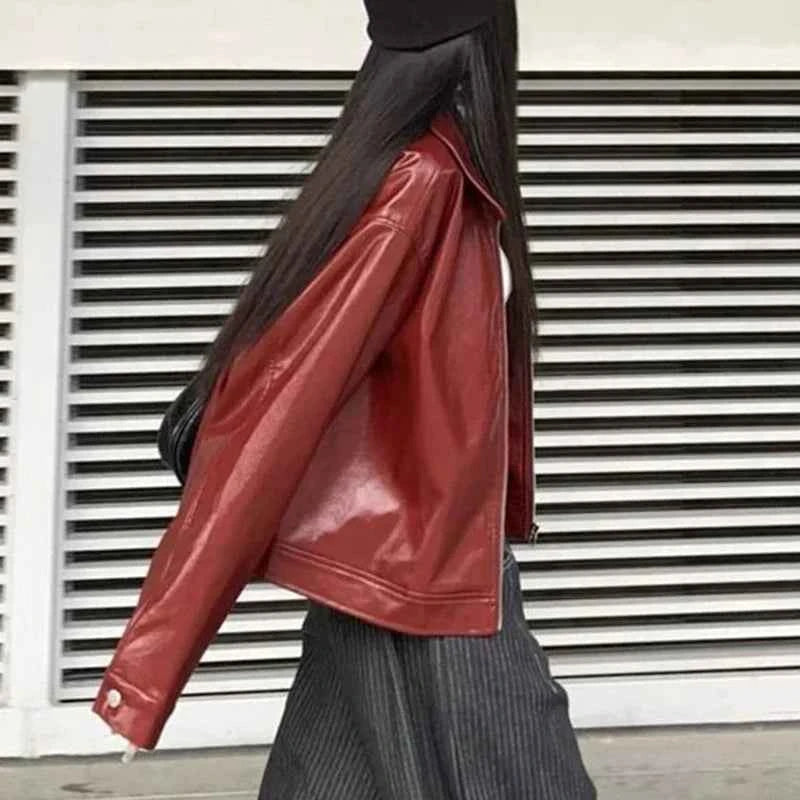 Women Red Retro Lapel Leather Jacket