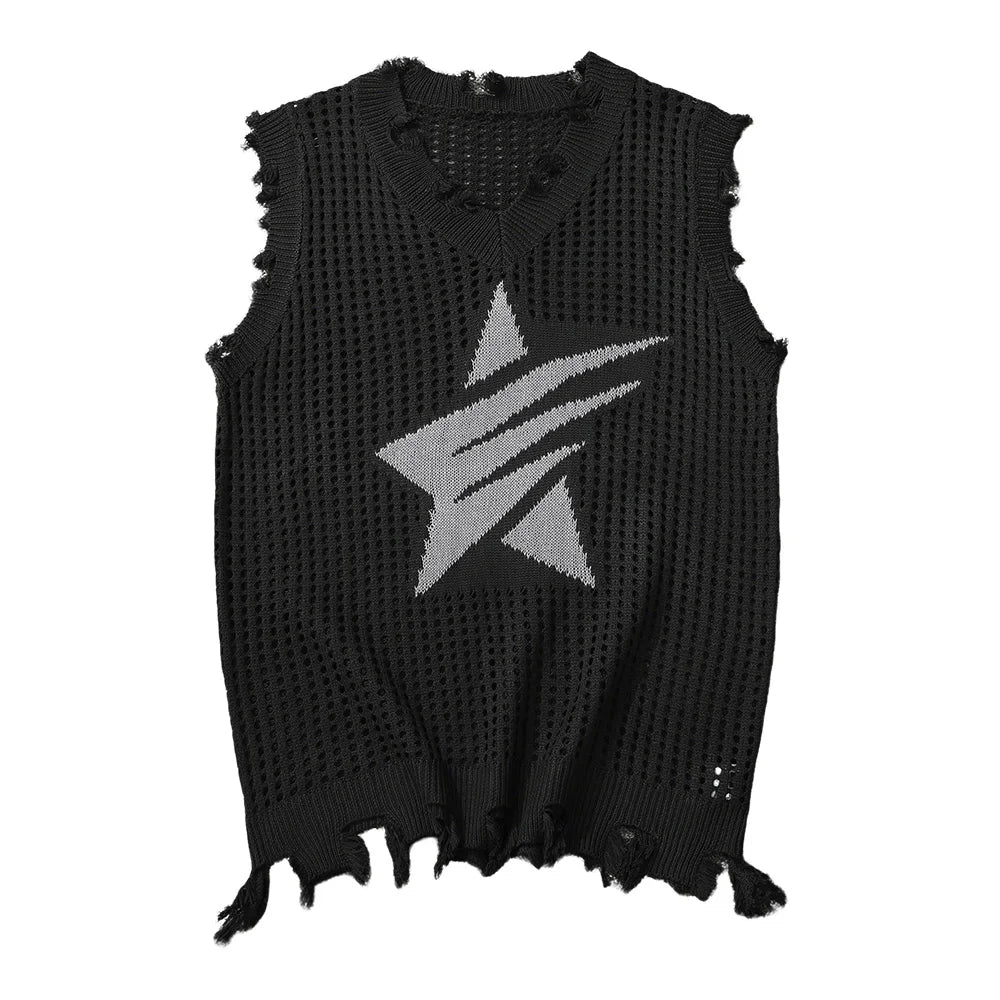 Solid Star Knitted Ripped Vest