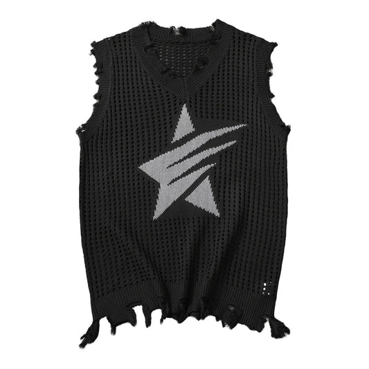 Solid Star Knitted Ripped Vest