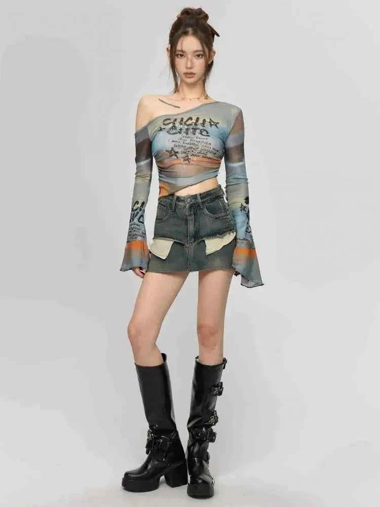 Women Gothic Mesh Long Sleeve T-Shirt