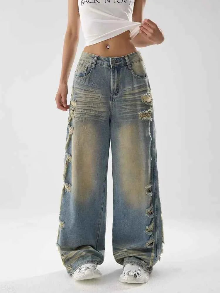 Vintage Distressed Blue Stacked Wide Jeans