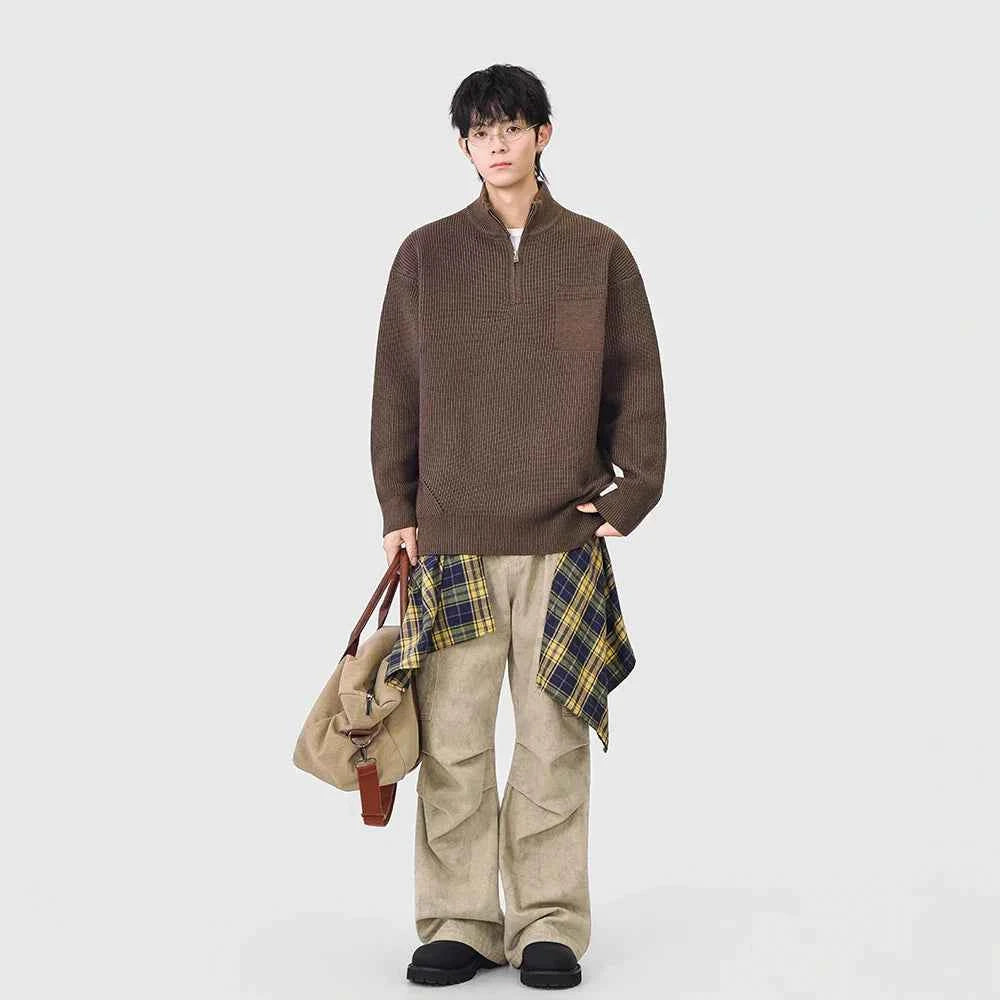 Soft Ribbed Knit Mock Neck Half Zipper Sweater