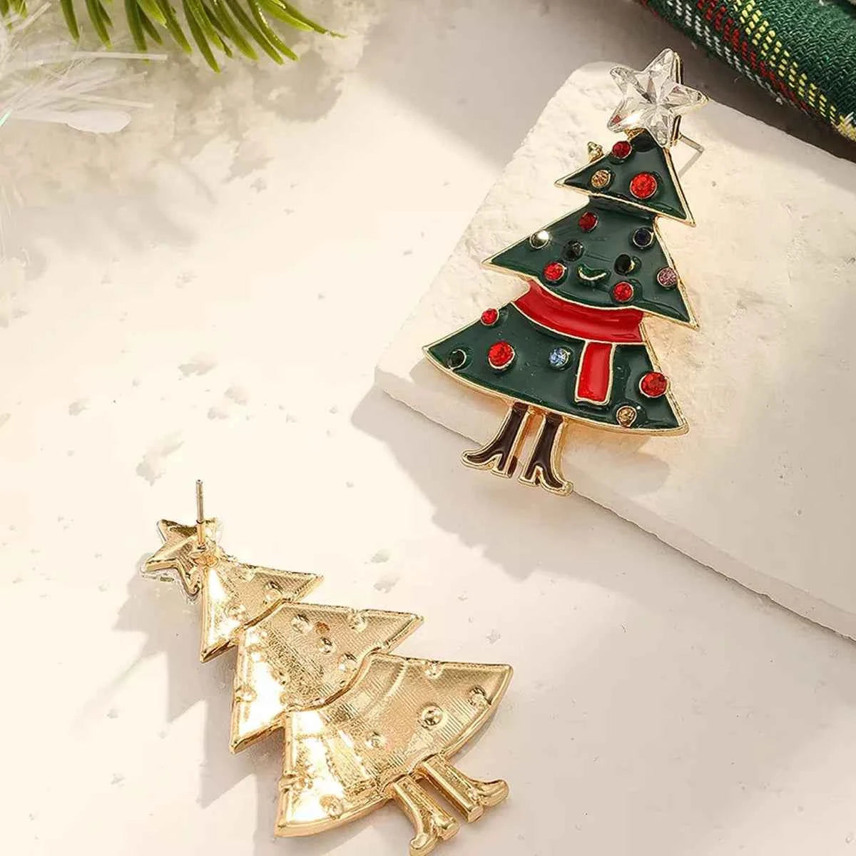 Green Red Crystal Christmas Tree Earrings