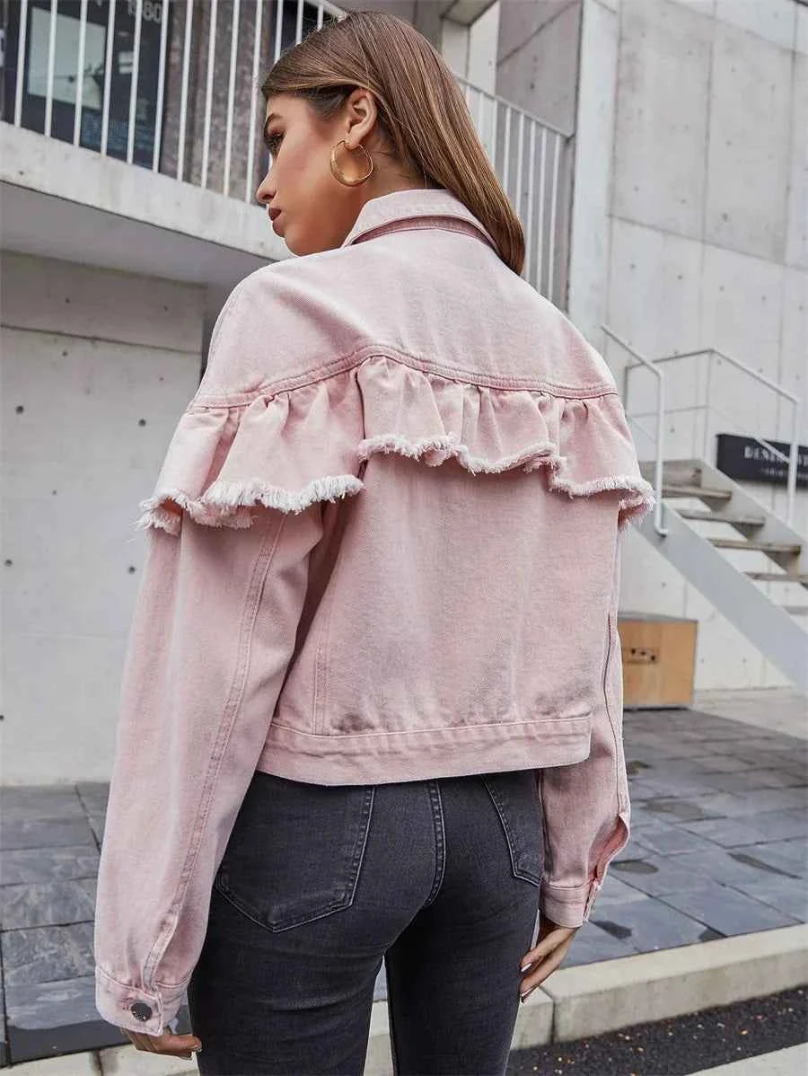 Vintage Raw Trim Ruffle Denim Jacket