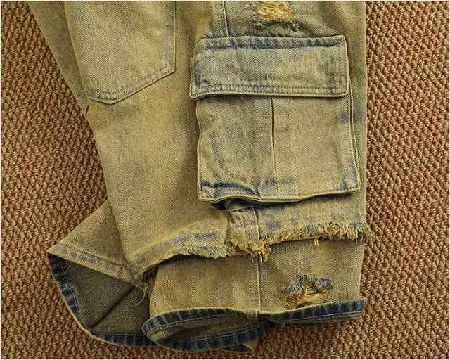 Yellow Distressed Washed Denim Cargo Short