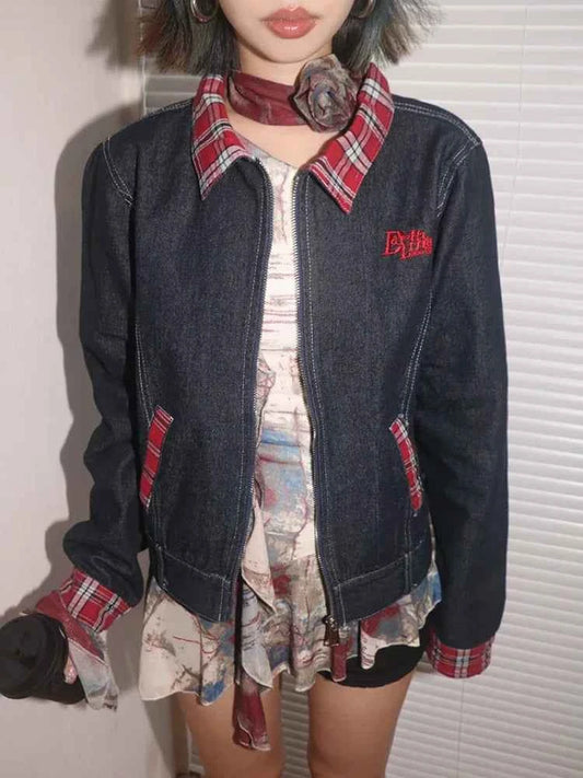 Women Retro Embroidered Plaid Denim Jacket