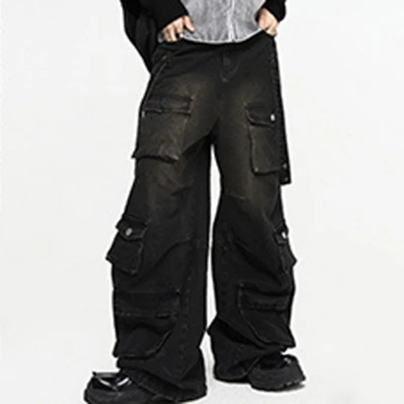 Baggy Washed Denim Cargo Pants - Multi-Pocket Streetwear | LuxuryUrbanwear - Luxuryurbanwear