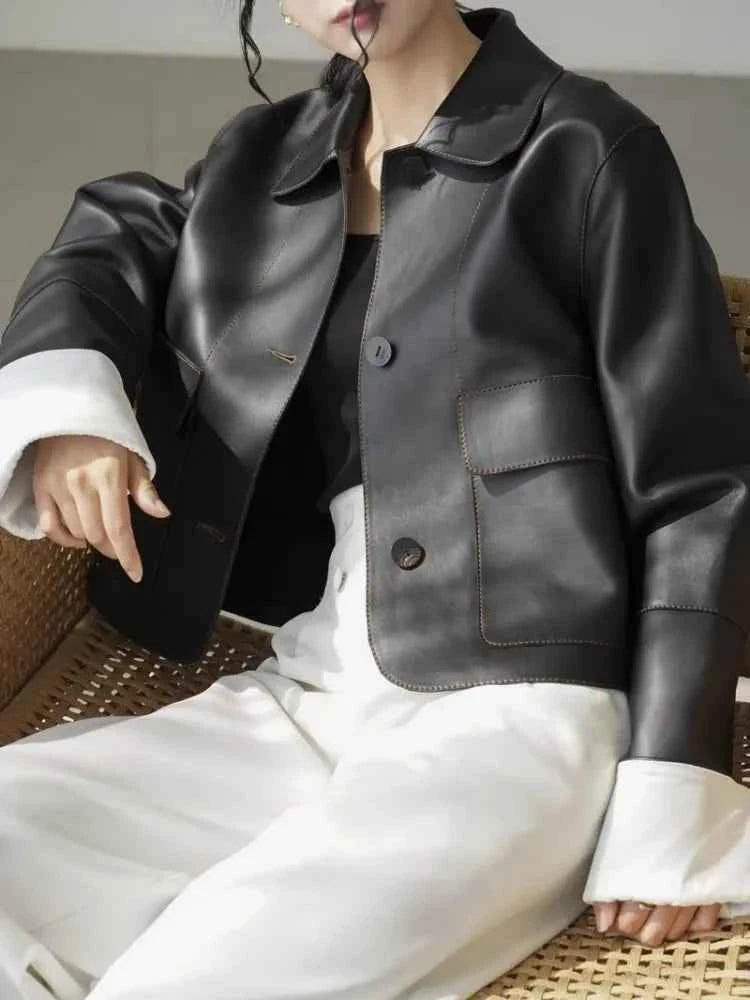 Women Luxury Retro Collar Short Leather Jacket