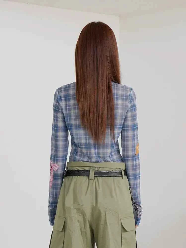 Blue Plaid Graphic Long Sleeve T-Shirt