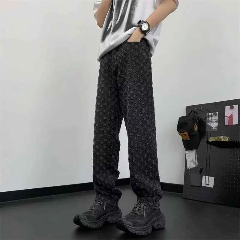 Distressed Wide Jacquard Denim Jeans