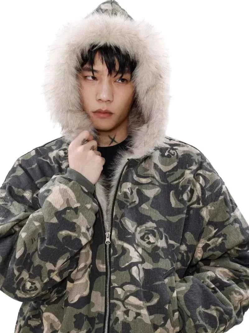 Warm Camouflage Faux Fur Hooded Parka Jacket