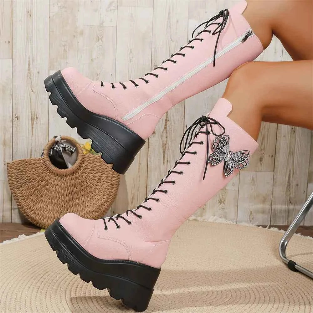 Chunky Platform Butterfly Knee High Zipper Boot