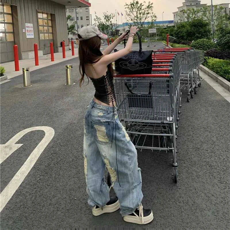Breathable Comfort Vintage Ripped Wide Leg Jeans