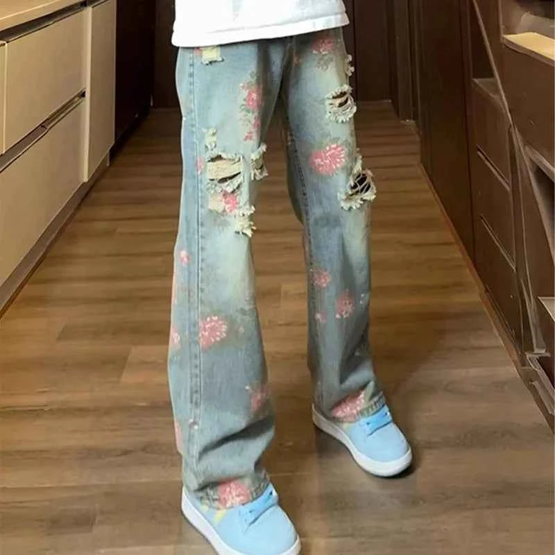 Retro Peony Flower Jacquard Ripped Jeans