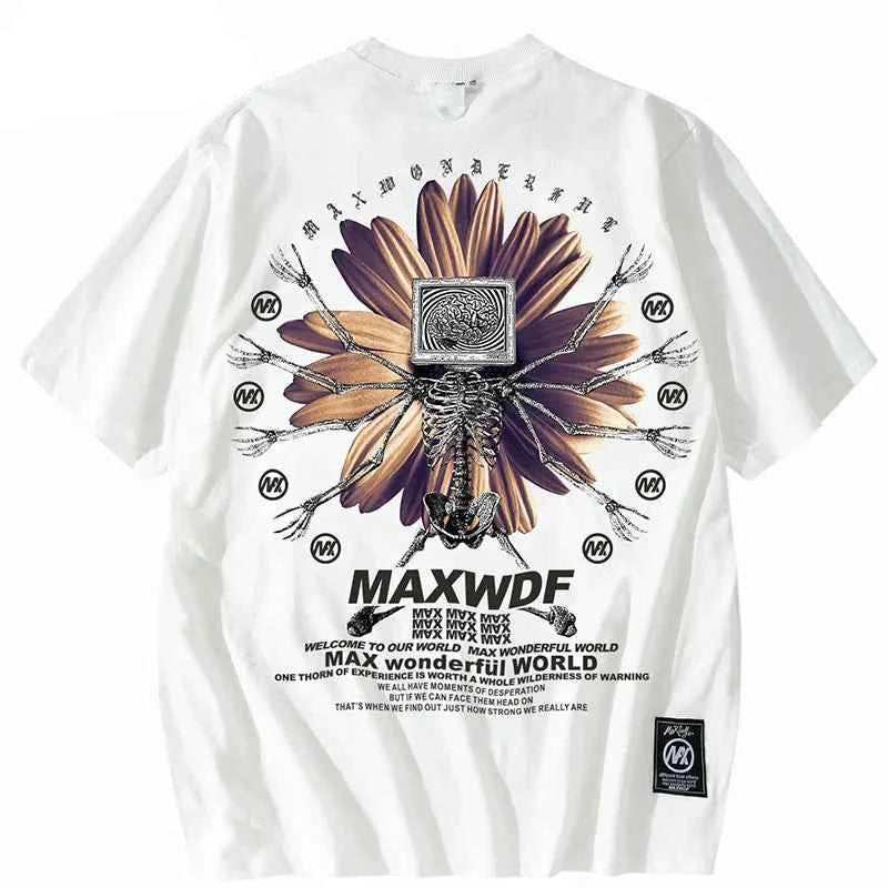 Oversize Skeleton Flower Printed Cotton T-Shirt