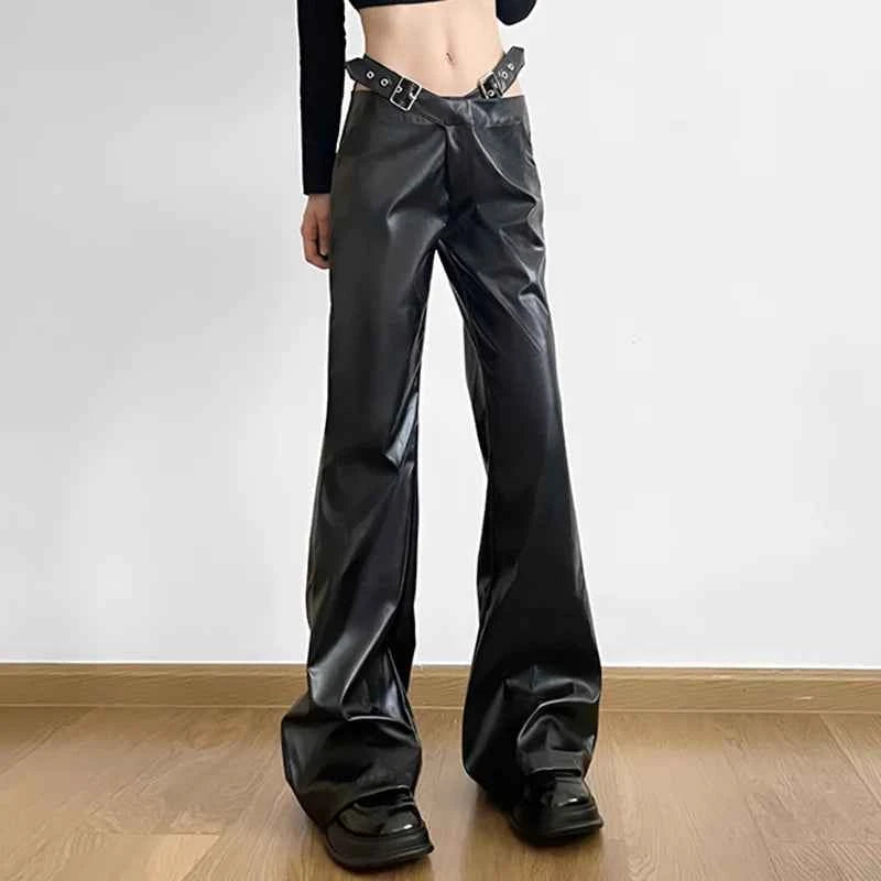 Gothic High Waist Metal Belt Leather Pants