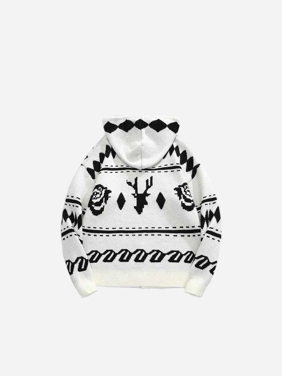 Cozy Retro Jacquard Zipper Hooded Cardigan