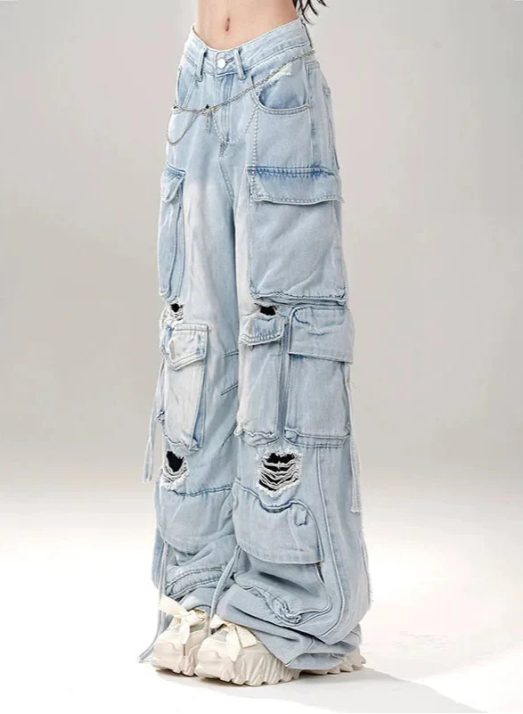 Breathable Y2K 90s Style Oversized Ripped Cargo Jeans - Luxuryurbanwear