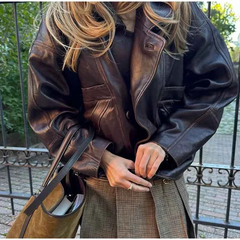 Burgundy Faux Long Sleeve Leather Jacket