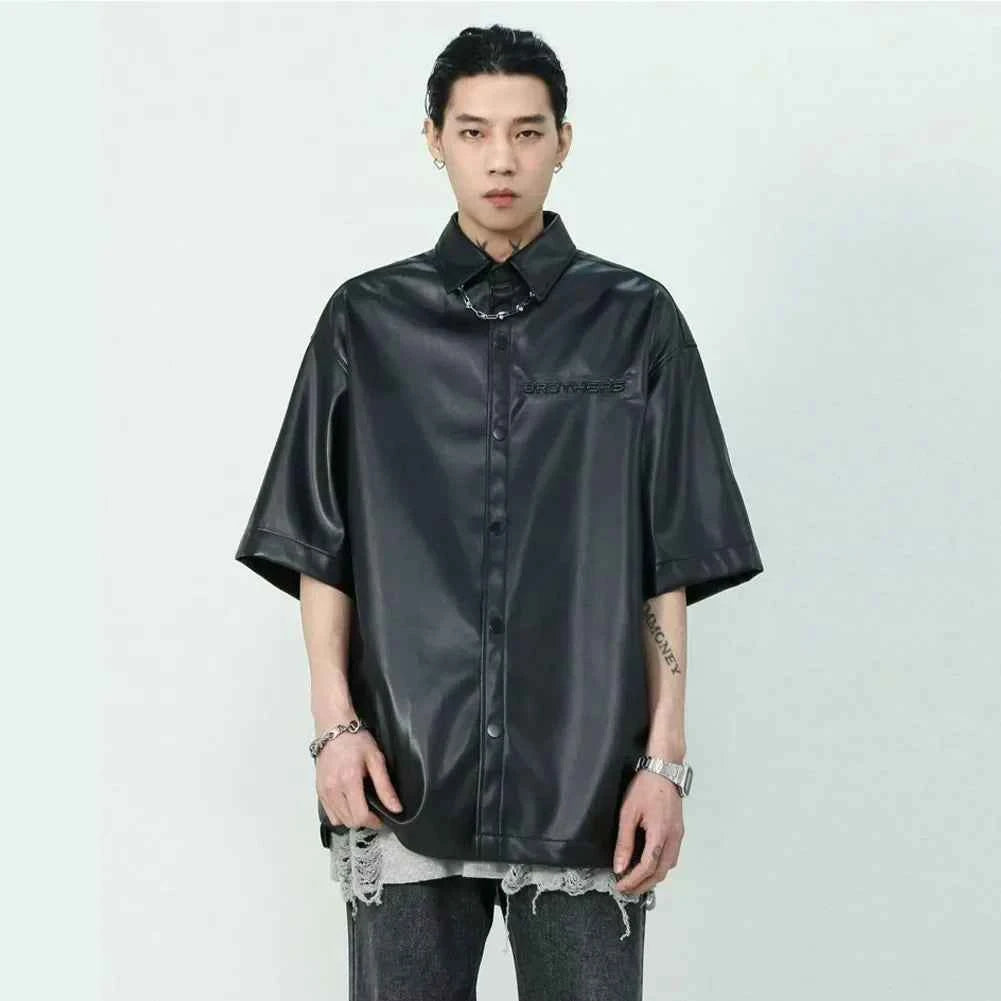 Black Embossed Short Sleeve PU Leather Shirt