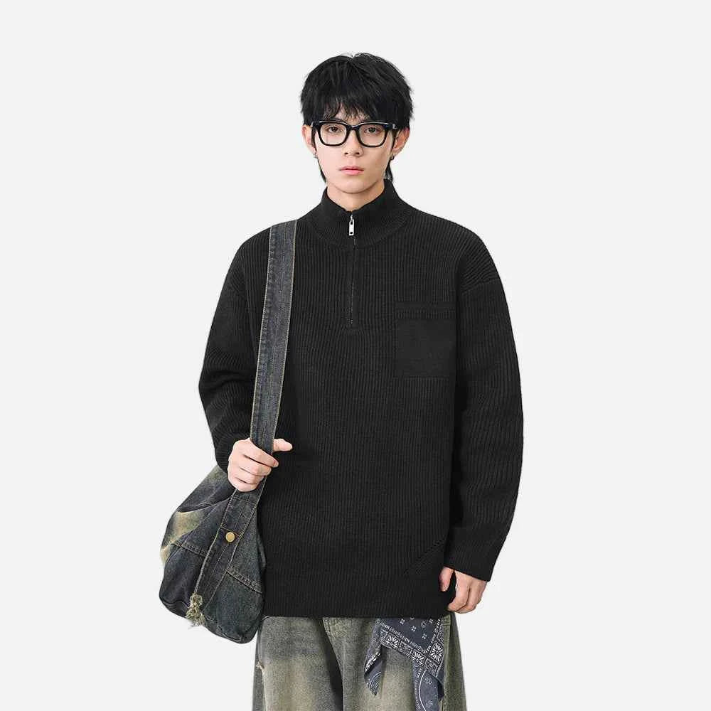Soft Ribbed Knit Mock Neck Half Zipper Sweater