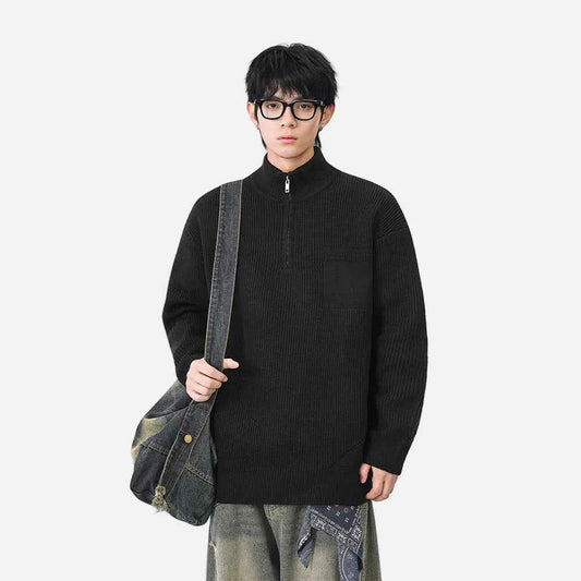 Soft Ribbed Knit Mock Neck Half Zipper Sweater