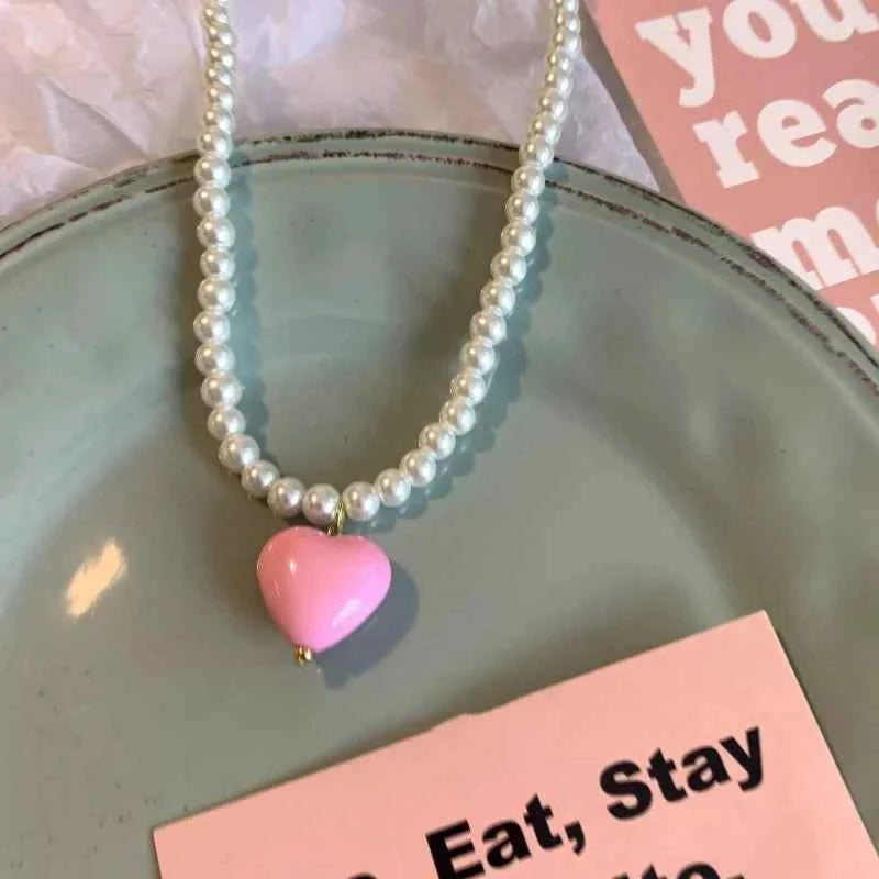 Handmade Pink Heart Pendant Pearl Necklace