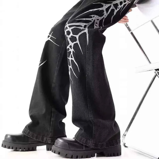 Y2K Black Loose Straight Embroidered Jeans