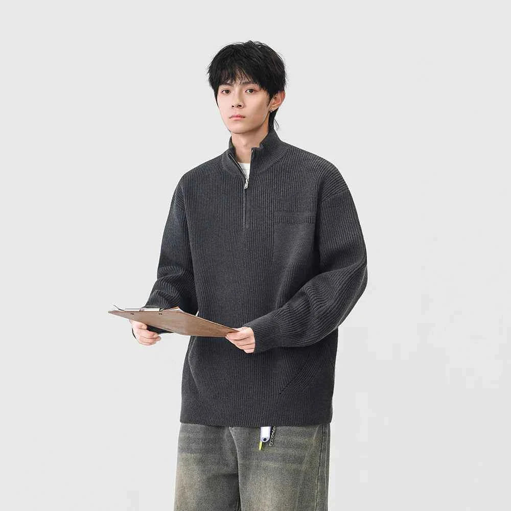 Soft Ribbed Knit Mock Neck Half Zipper Sweater