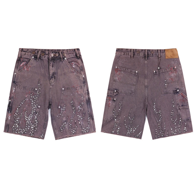 Fire Diamond Denim Rhinestone Graphic Short