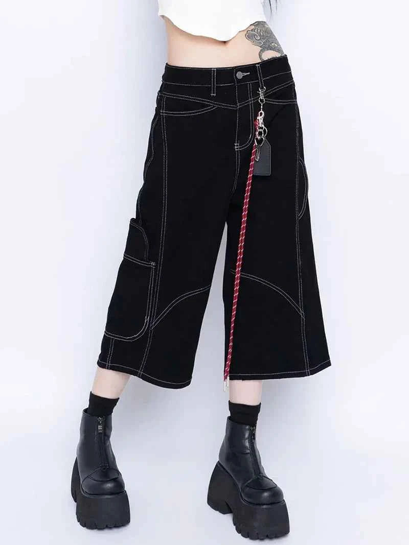 Patchwork Black Retro Wide Leg Jorts