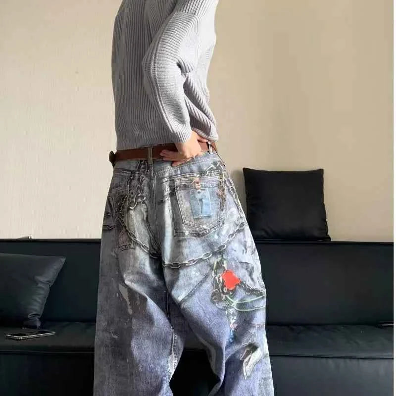 Retro Streetwear American Style Baggy Chain Jeans