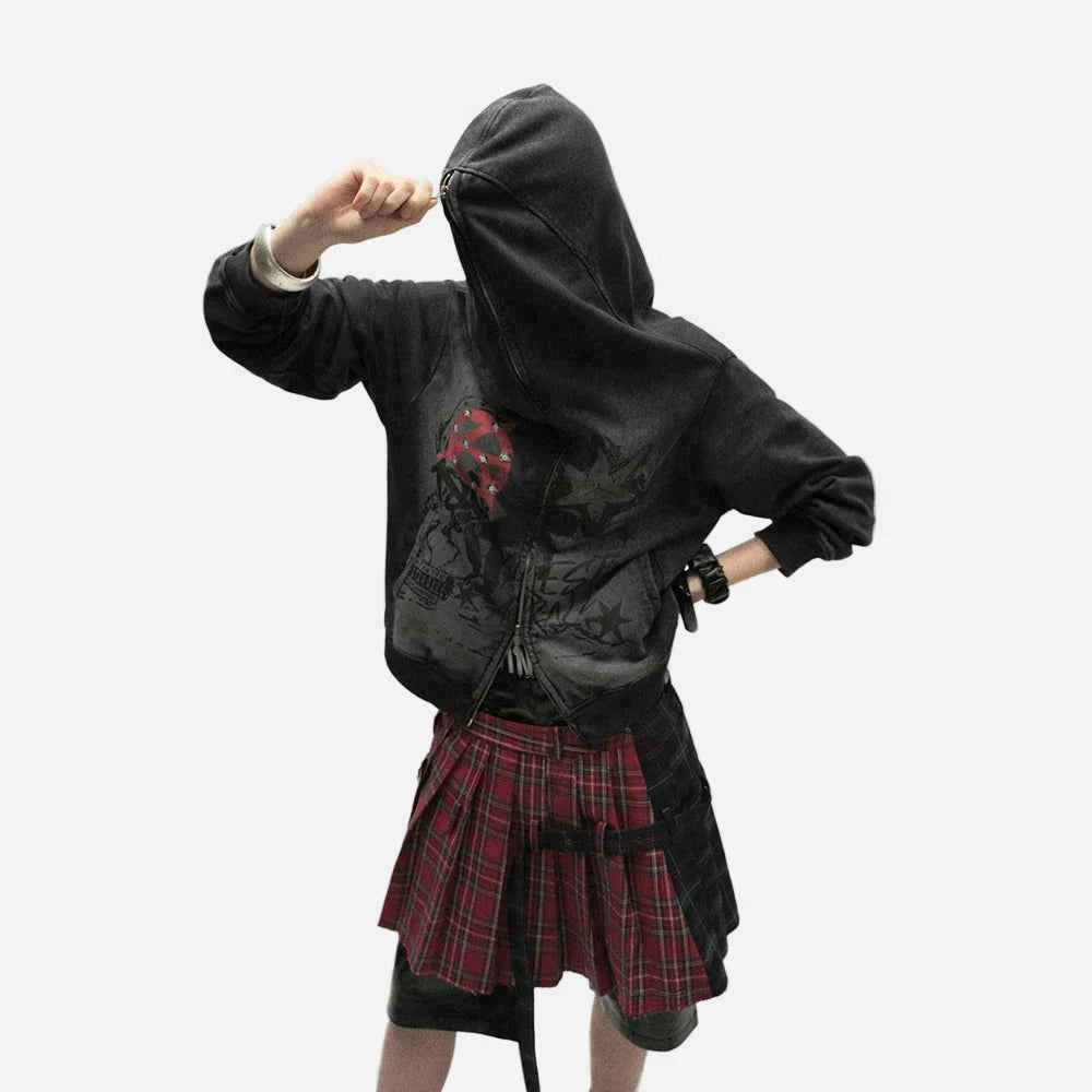 Double Zipper Cotton Hooded Masked Sweatshirt