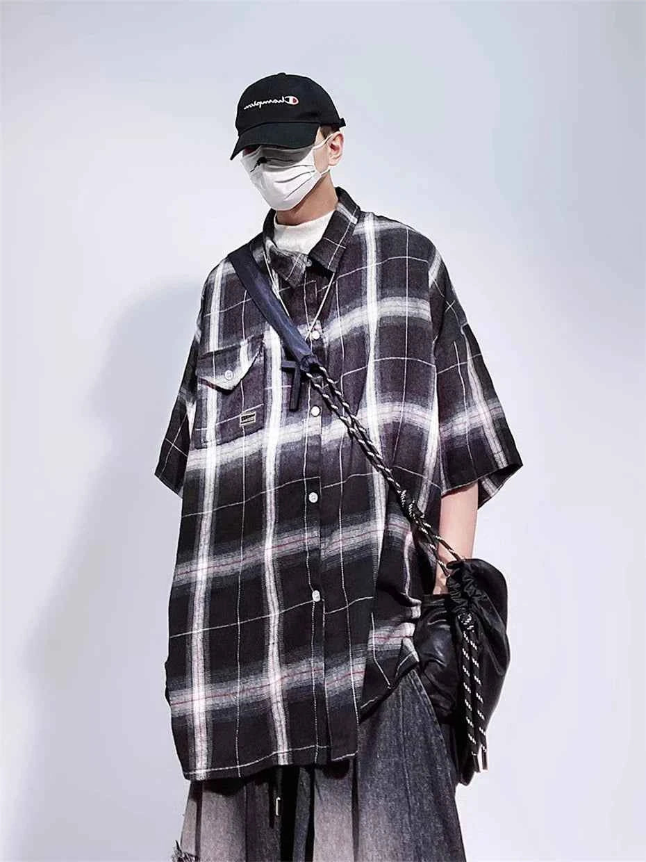 Vintage Gradient Plaid Cargo Hip Shirt