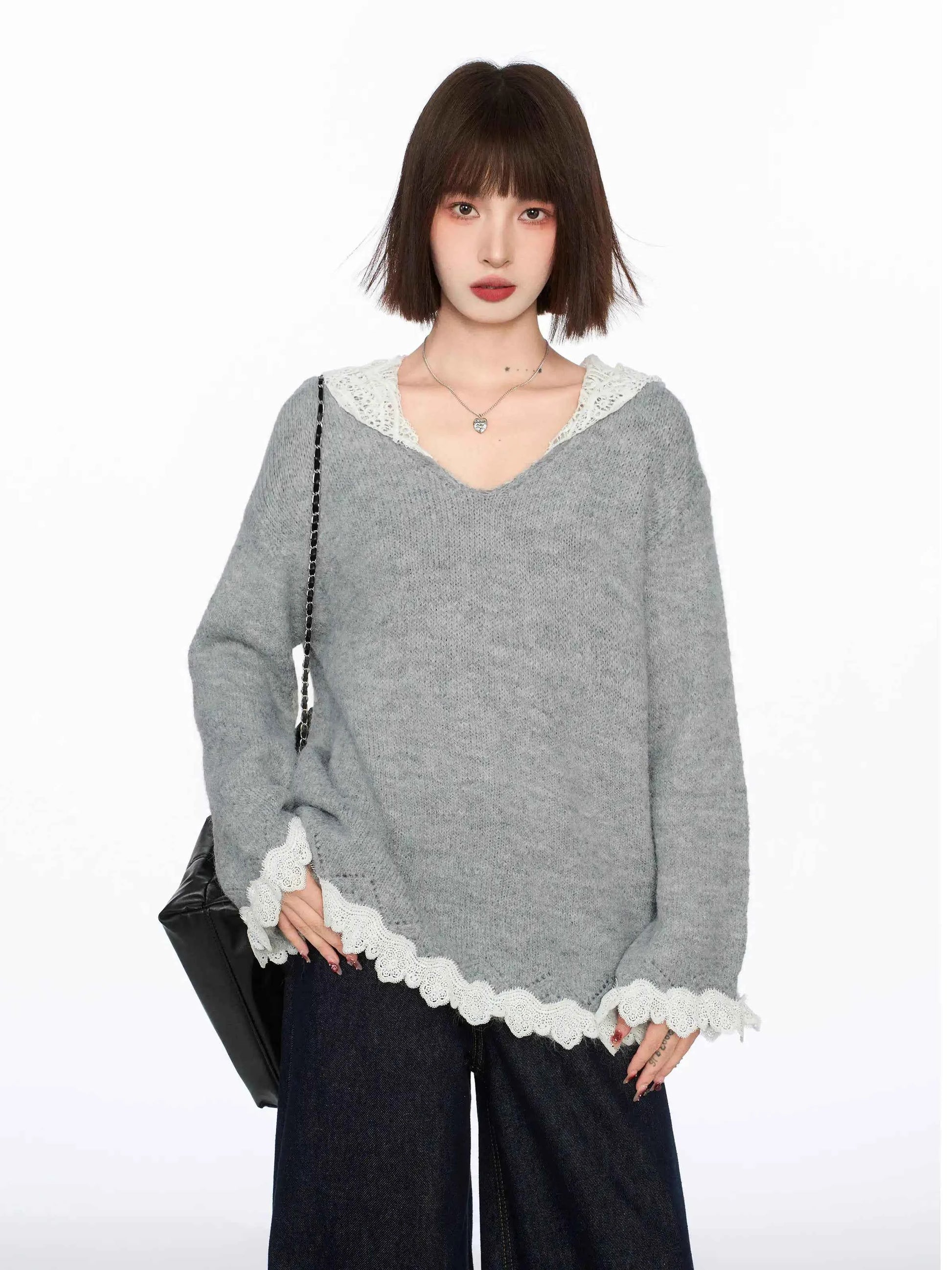 Back to Basics Cozy Lace V Neck Hodded Sweater