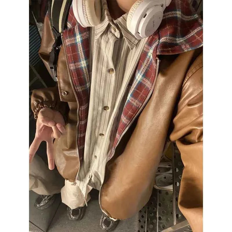 Women Reversible Bouble Face Plaid Biker Leather Jacket