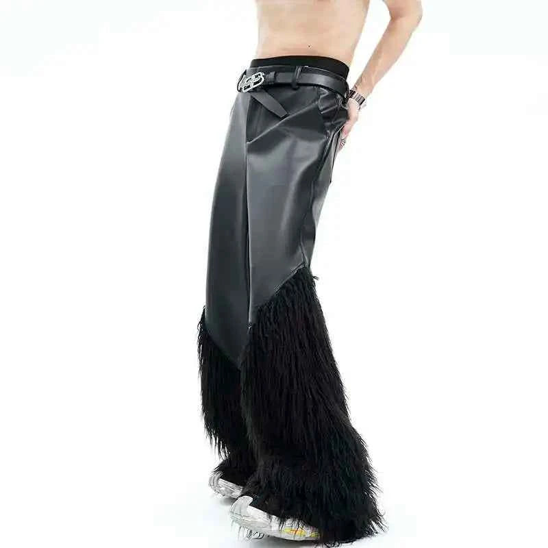 Trendy Patchwork Wide Leg Leather Pants